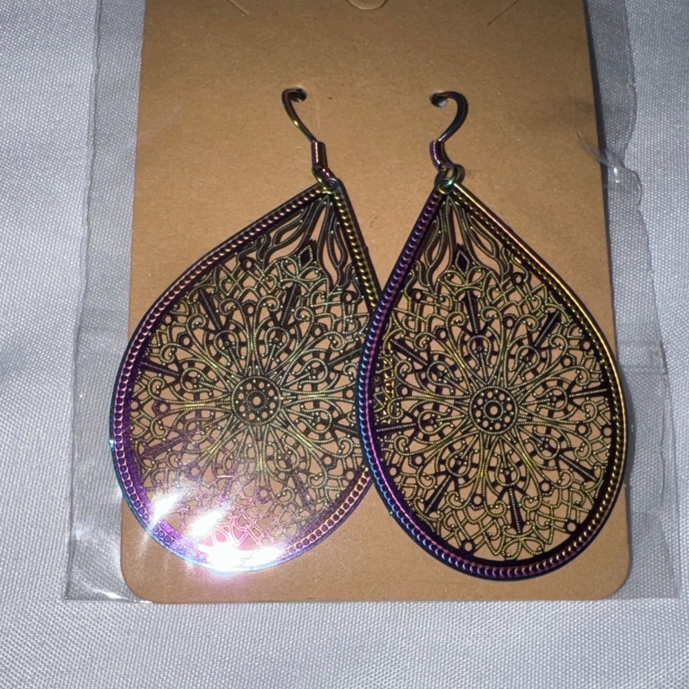 Iridescent Multicolor Filigree Teardrop Earrings